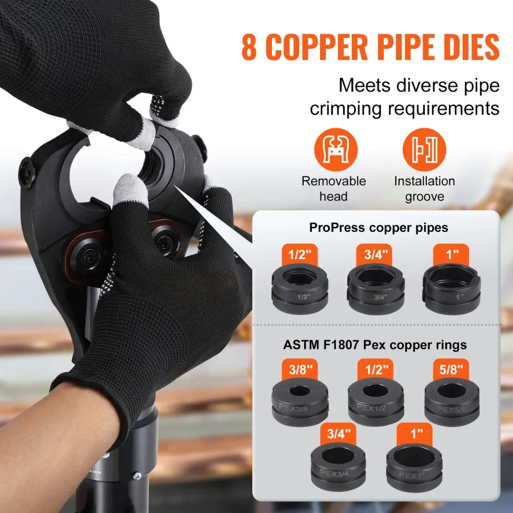 VEVOR Copper Pipe Crimping Tool, Hydraulic Driven Press Tool with 1/2", 3/4", 1" Jaws for VUS Type Copper Pipes and  3/8", 1/2", 5/8", 3/4", 1" Jaws for ASTM F1807 Pex Pipe Copper Ring