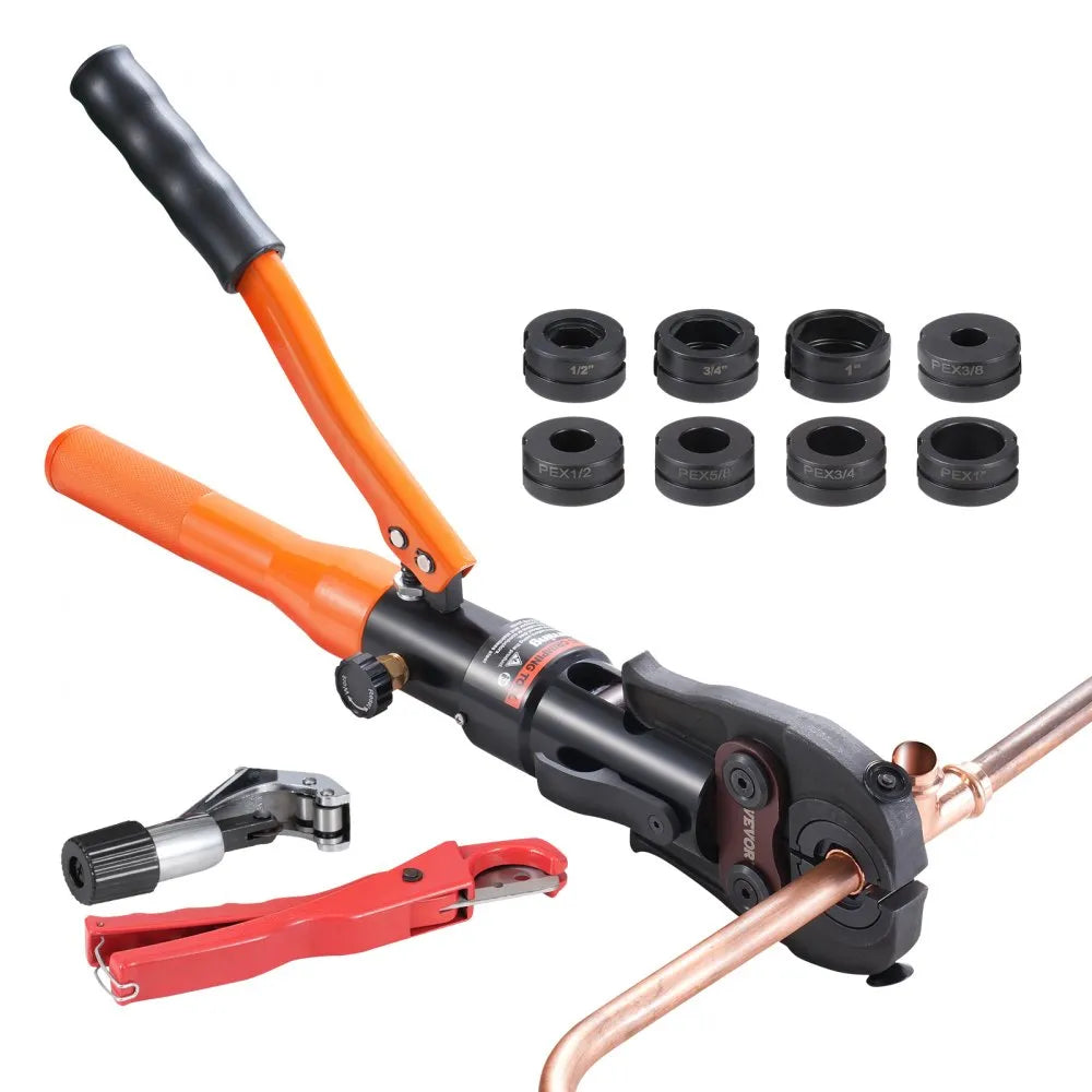 VEVOR Copper Pipe Crimping Tool, Hydraulic Driven Press Tool with 1/2", 3/4", 1" Jaws for VUS Type Copper Pipes and  3/8", 1/2", 5/8", 3/4", 1" Jaws for ASTM F1807 Pex Pipe Copper Ring