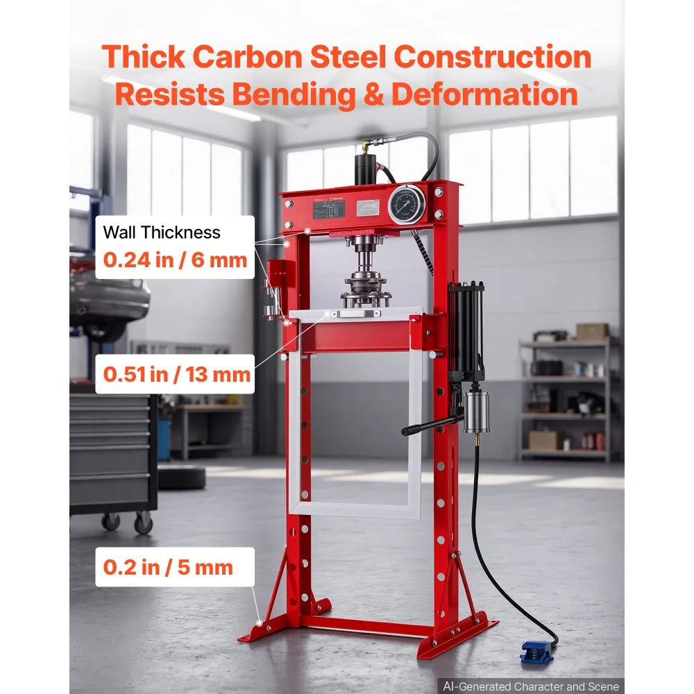 VEVOR 20-Ton Shop Press, Pneumatic/Manual Hydraulic Shop Press with Foot Pedal, Gauge & 9PCS Punches Set, H-Frame Heavy-Duty Garage Floor Adjustable Shop Press for Bending, Straightening, Pressing