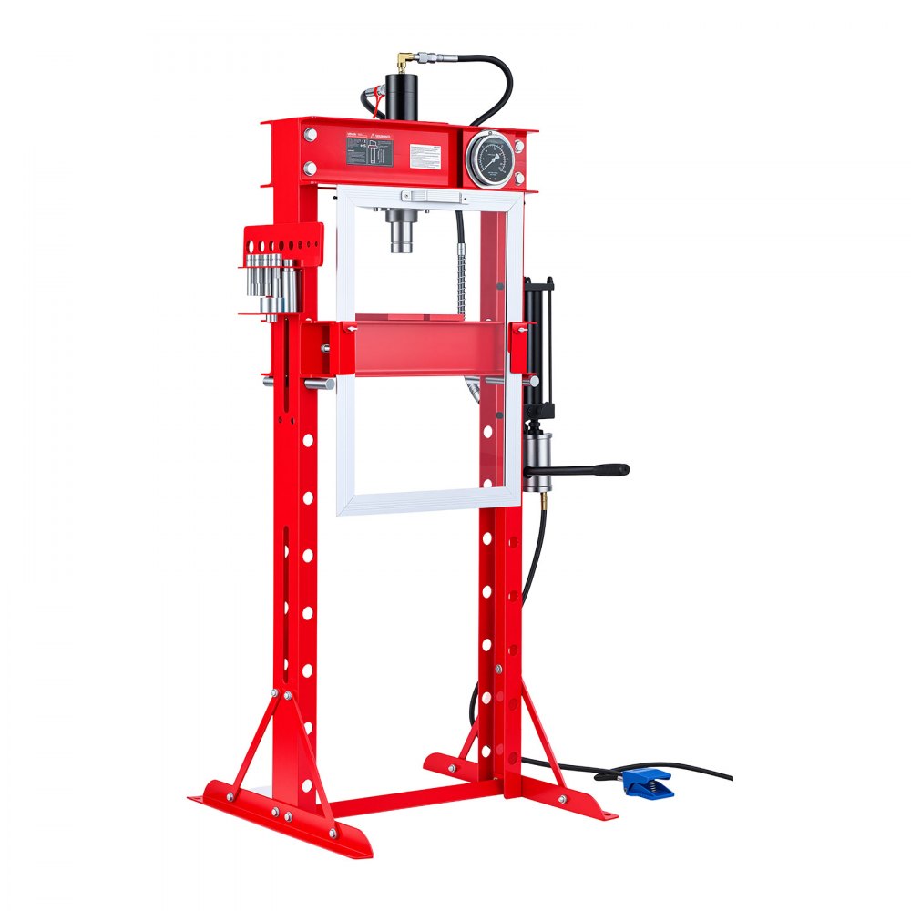 VEVOR 20-Ton Shop Press, Pneumatic/Manual Hydraulic Shop Press with Foot Pedal, Gauge & 9PCS Punches Set, H-Frame Heavy-Duty Garage Floor Adjustable Shop Press for Bending, Straightening, Pressing
