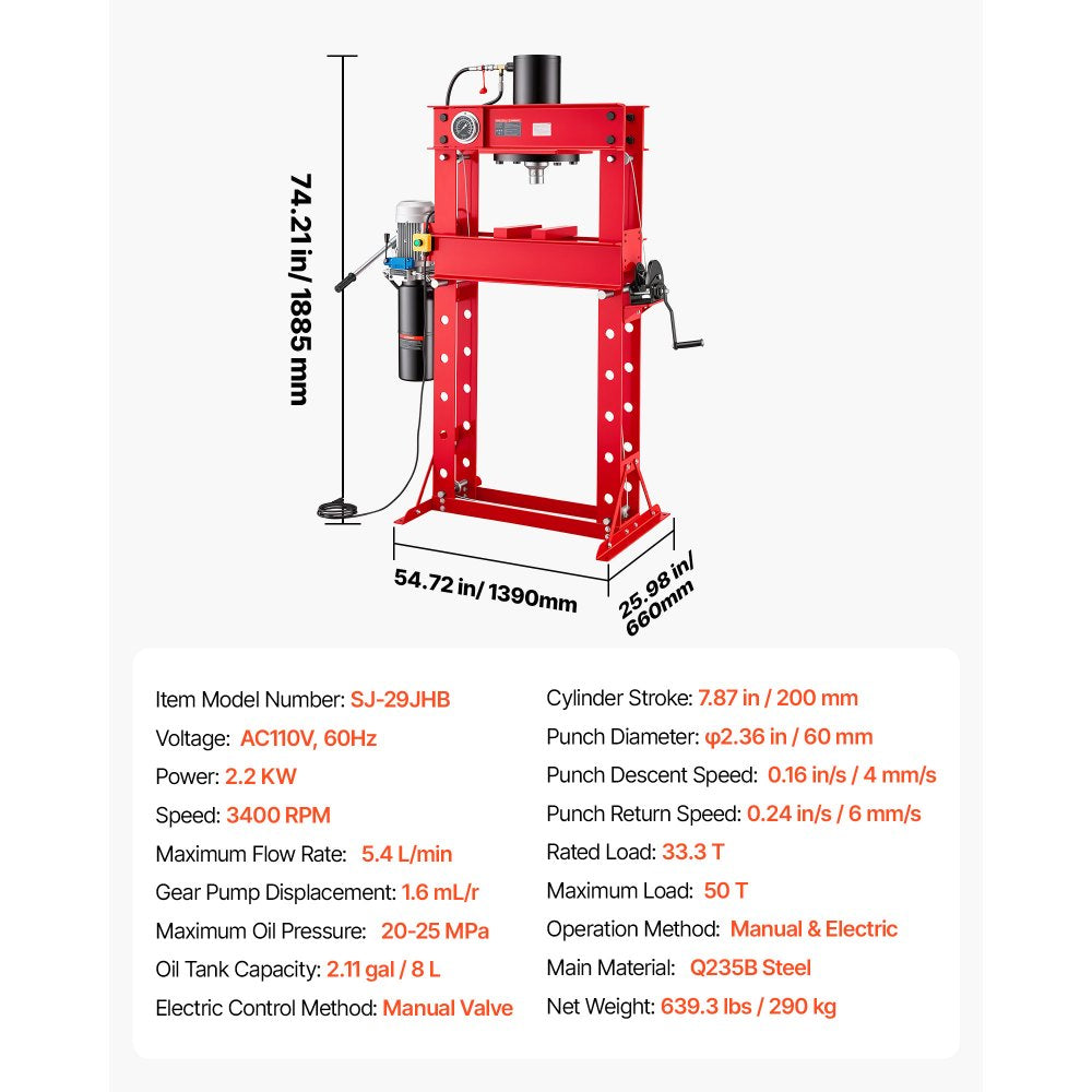 VEVOR 50-Ton Electric Hydraulic Shop Press, 2.2KW 110V, H-Frame Garage Floor Shop Press with Automatic Fast Ram Movement, Heavy-Duty Steel Adjustable Hydraulic Press for Bending Straightening Pressing