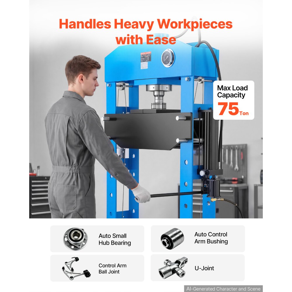 VEVOR 75-Ton Shop Press, Pneumatic/Manual Hydraulic Shop Press with Foot Pedal, Hand Wheel & Pressure Gauge, H-Frame Heavy-Duty Garage Floor Adjustable Shop Press for Bending, Straightening, Pressing