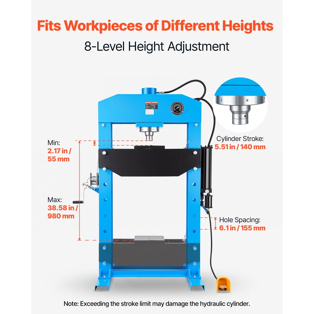 VEVOR 75-Ton Shop Press, Pneumatic/Manual Hydraulic Shop Press with Foot Pedal, Hand Wheel & Pressure Gauge, H-Frame Heavy-Duty Garage Floor Adjustable Shop Press for Bending, Straightening, Pressing