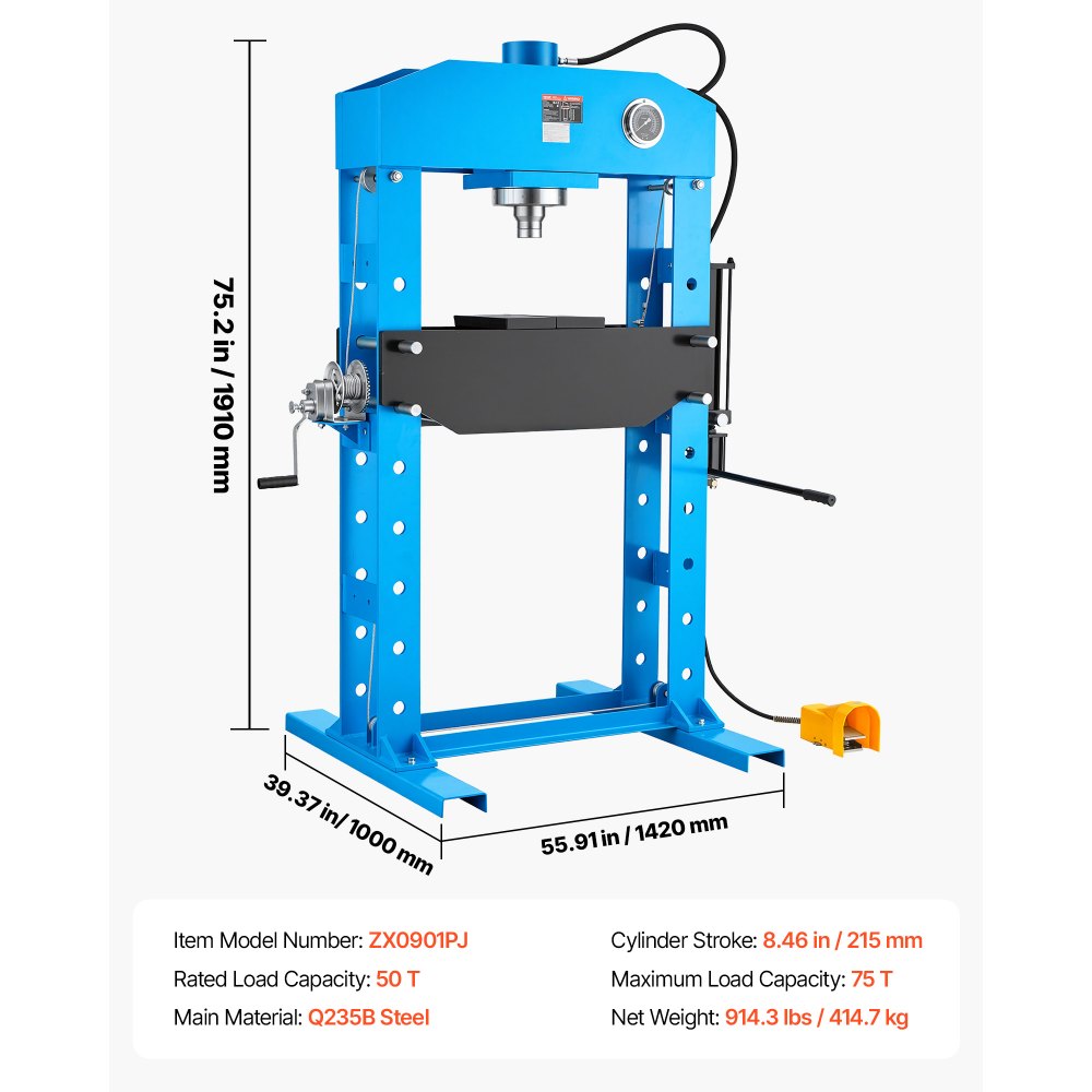 VEVOR 75-Ton Shop Press, Pneumatic/Manual Hydraulic Shop Press with Foot Pedal, Hand Wheel & Pressure Gauge, H-Frame Heavy-Duty Garage Floor Adjustable Shop Press for Bending, Straightening, Pressing