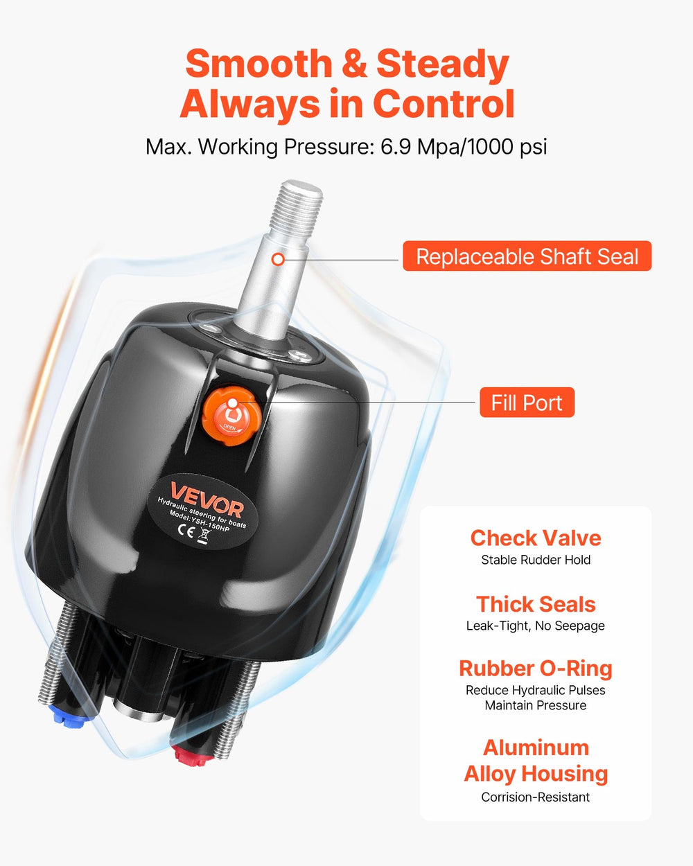 VEVOR Hydraulic Steering Helm Pump, 150 HP, Helm Pump for Boat, with 6.9 MPa/1000 psi Max Working Pressure, Aluminum Alloy Housing, Check Valve, Replaceable Shaft Seal, for Outboards Fishing Boats