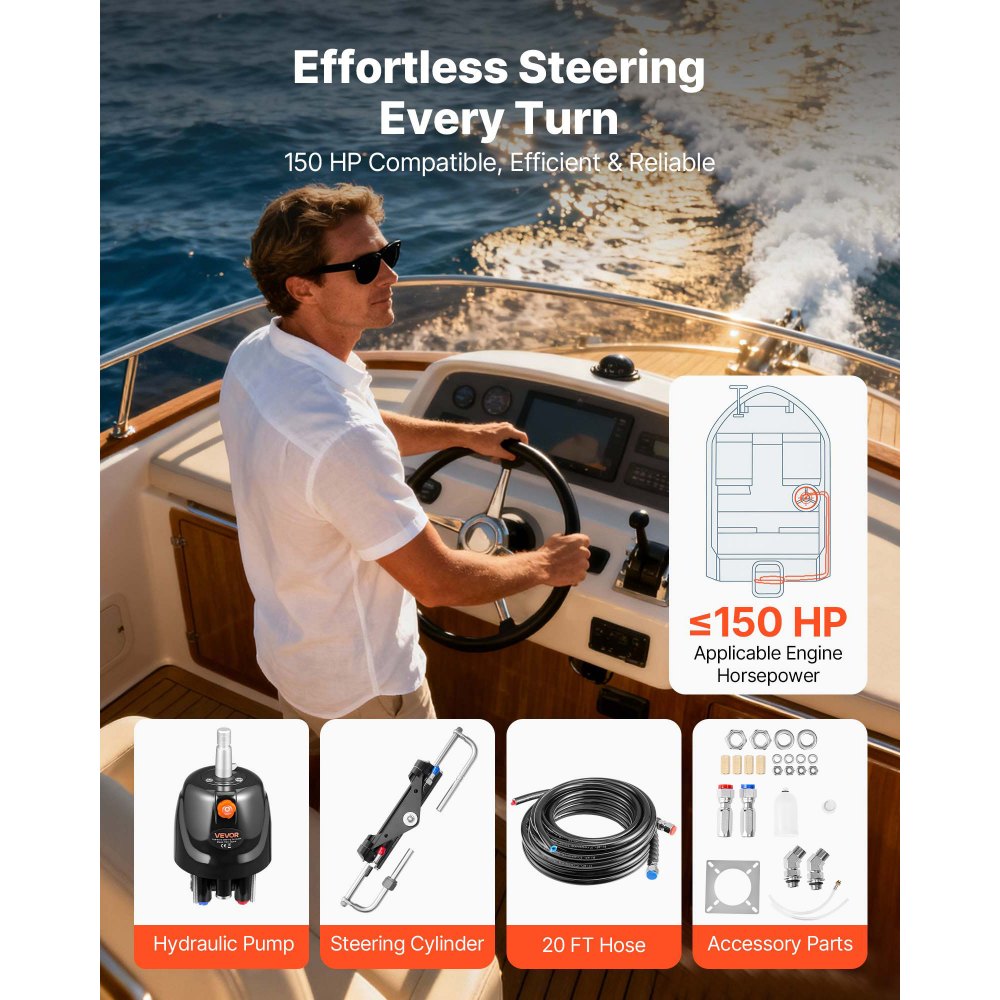 VEVOR Hydraulic Steering Kit, 150 HP, Marine Boat Hydraulic Steering System, with 6.9 MPa/1000 psi Helm Pump, Two-Way Lock Cylinder, and 26ft High-Strength Hoses, for Single Station, Single-Engine Use