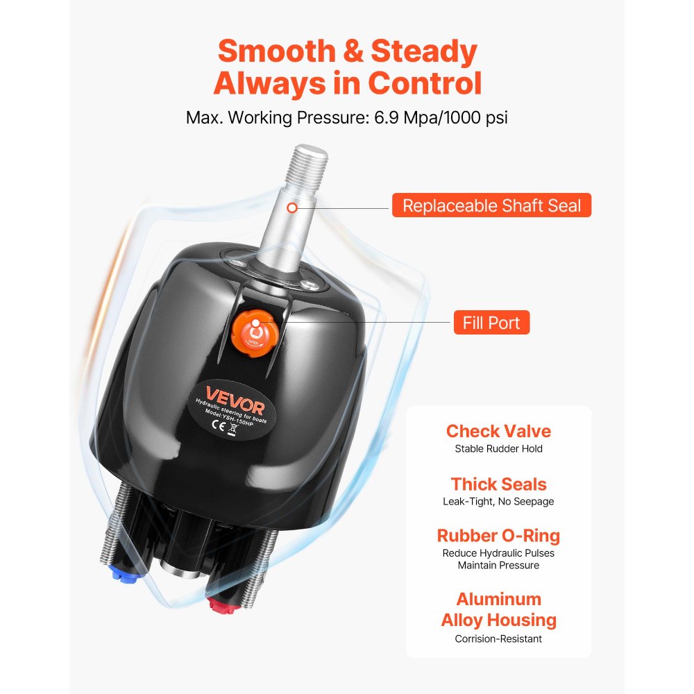 VEVOR Hydraulic Steering Kit, 150 HP, Marine Boat Hydraulic Steering System, with 6.9 MPa/1000 psi Helm Pump, Two-Way Lock Cylinder, and 20ft High-Strength Hoses, for Single Station, Single-Engine Use