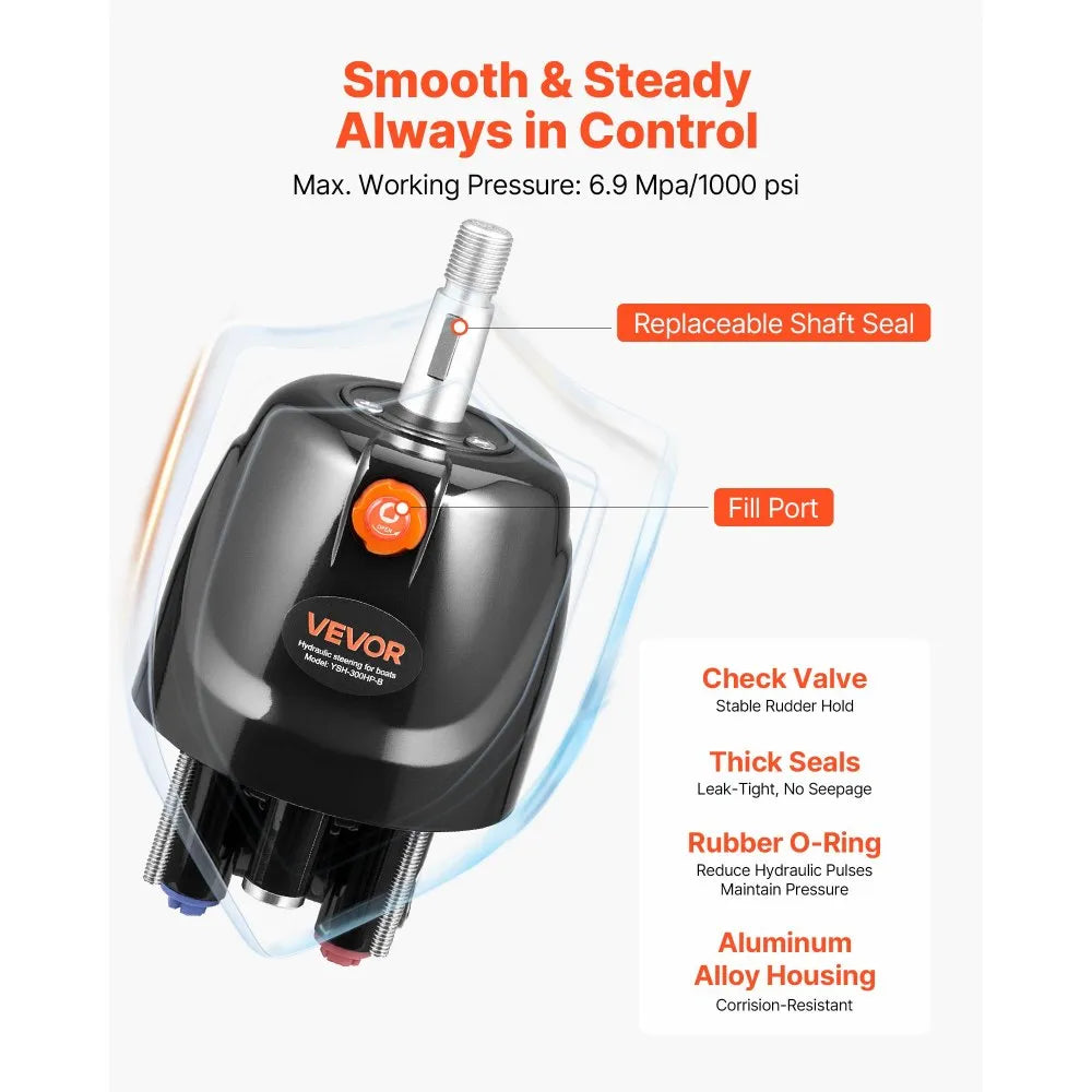 VEVOR Hydraulic Steering Kit, 300 HP, Marine Boat Hydraulic Steering System, with 6.9 MPa/1000 psi Helm Pump, Two-Way Lock Cylinder, and 26ft High-Strength Hoses, for Single Station, Single-Engine Use