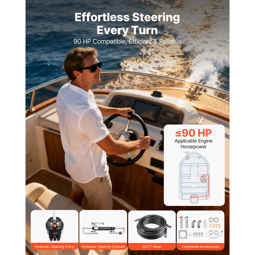 VEVOR Hydraulic Steering Kit, 90 HP, Marine Boat Hydraulic Steering System, with 6.9 MPa/1000 psi Helm Pump, Two-Way Lock Cylinder, and 20 ft High-Strength Hoses, for Single Station, Single-Engine Use