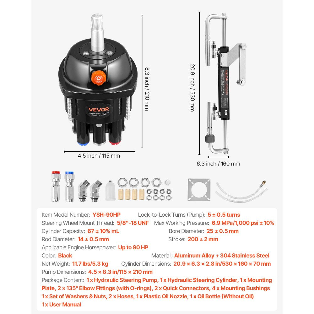 VEVOR Hydraulic Steering Kit, 90 HP, Hydraulic Steering Helm Pump & Cylinder, with 6.9 MPa/1000 psi Max Working Pressure, Aluminum Alloy Housing, Check Valve, for Outboards Fishing Boats Sailboats
