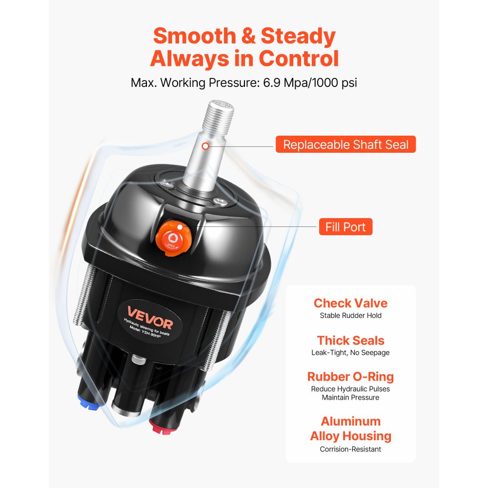 VEVOR Hydraulic Steering Kit, 90 HP, Marine Boat Hydraulic Steering System, with 6.9 MPa/1000 psi Helm Pump, Two-Way Lock Cylinder, and 24 ft High-Strength Hoses, for Single Station, Single-Engine Use
