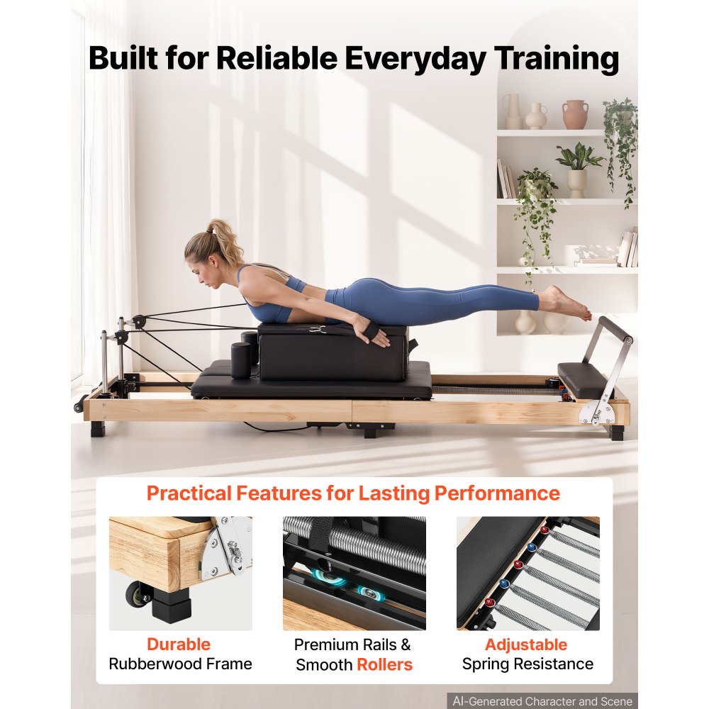 VEVOR Pilates Reformer 96" Foldable Pilates Machine 400 lbs Rubberwood, for Home Use and Gym Workout, with Jump Board, Springs, Sitting Box, and Adjustable Headerest, for Advanced Beginners Users