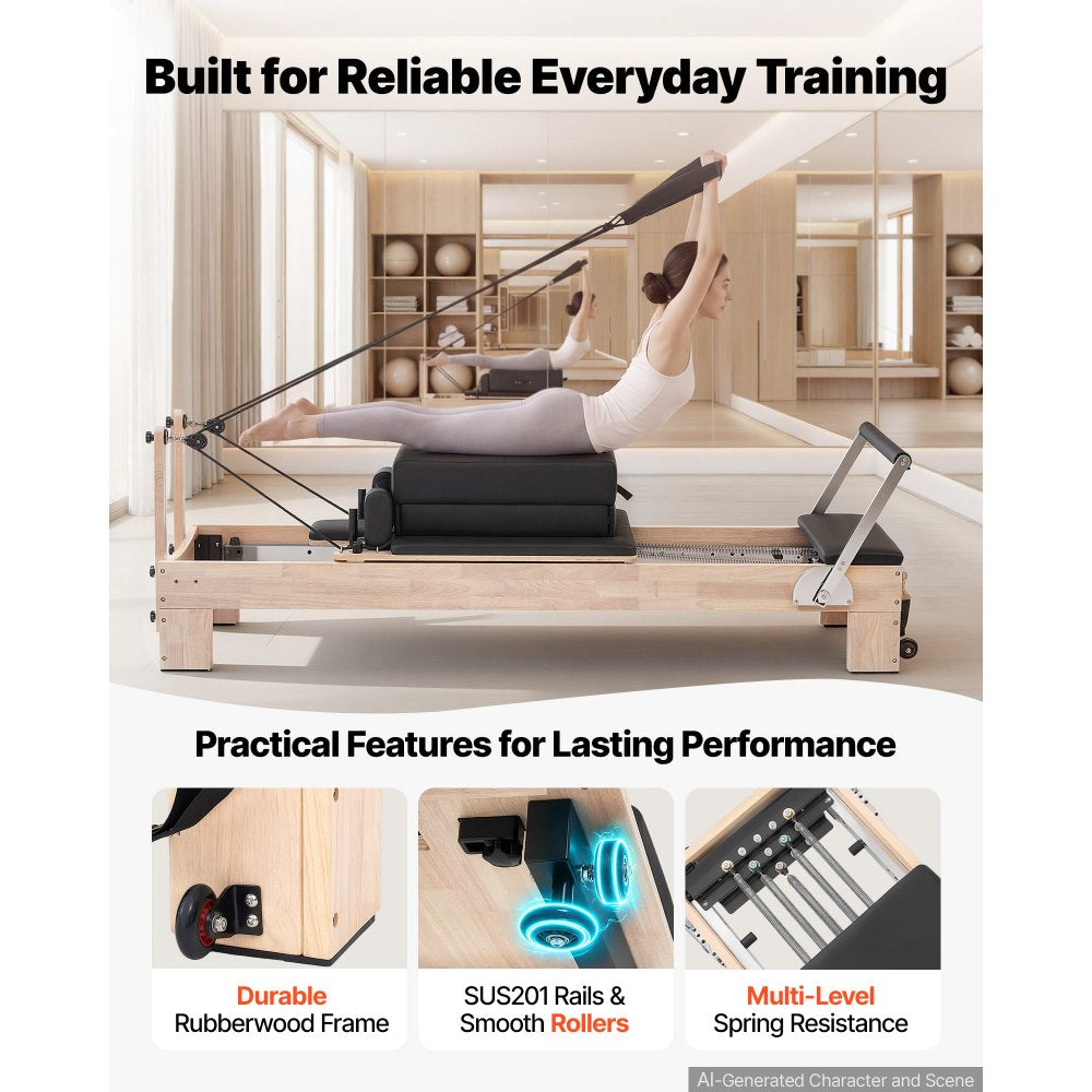 VEVOR Pilates Reformer 94" Pilates Machine 400 lbs Capacity Rubberwood, for Home Use and Gym Workout, with Jump Board, Springs, Sitting Box, and Adjustable Headerest, for Advanced Beginners Users