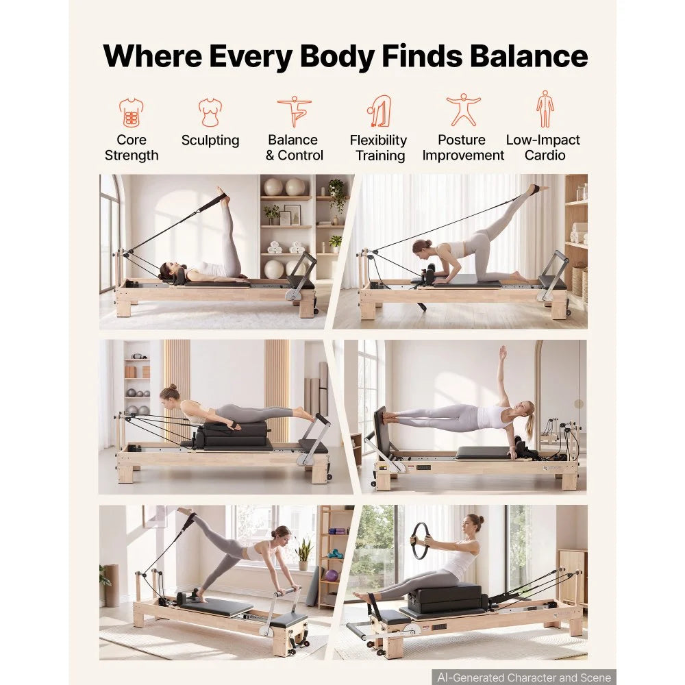 VEVOR Pilates Reformer 94" Pilates Machine 400 lbs Capacity Rubberwood, for Home Use and Gym Workout, with Jump Board, Springs, Sitting Box, and Adjustable Headerest, for Advanced Beginners Users