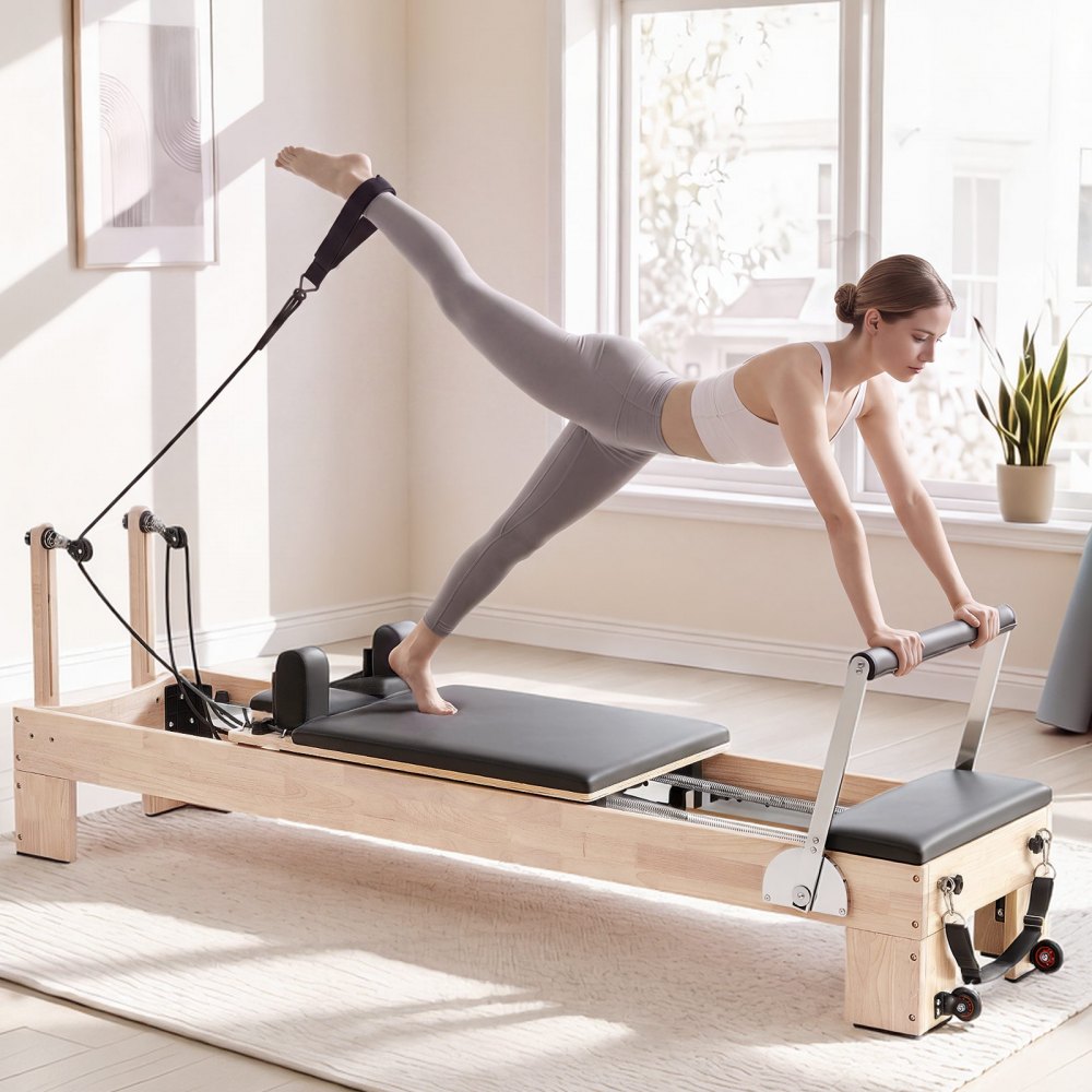 VEVOR Pilates Reformer 94" Pilates Machine 400 lbs Capacity Rubberwood, for Home Use and Gym Workout, with Jump Board, Springs, Sitting Box, and Adjustable Headerest, for Advanced Beginners Users