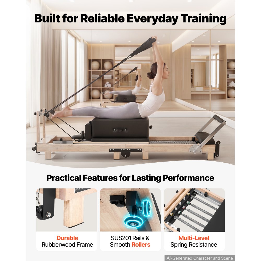 VEVOR Pilates Reformer 91" Foldable Pilates Machine 400 lbs Rubberwood, for Home Use and Gym Workout, with Jump Board, Springs, Sitting Box, and Adjustable Headerest, for Advanced Beginners Users