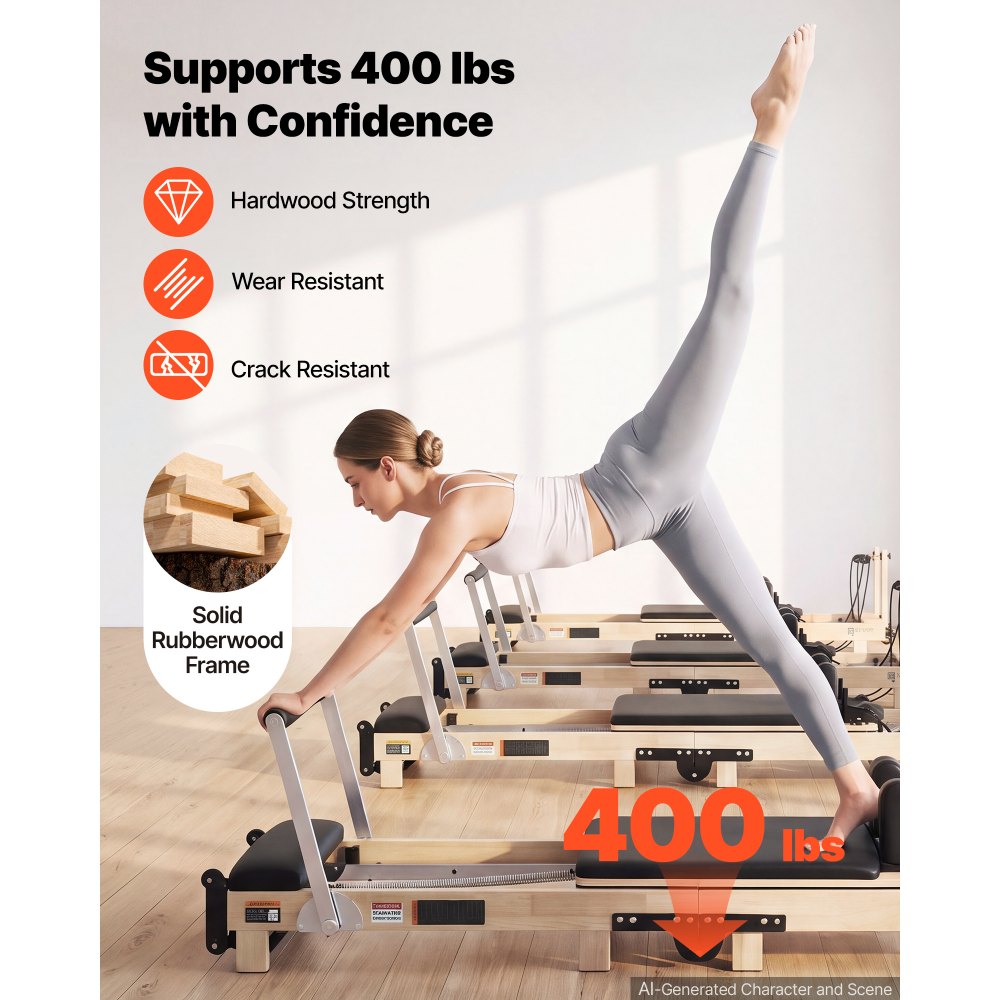 VEVOR Pilates Reformer 91" Foldable Pilates Machine 400 lbs Rubberwood, for Home Use and Gym Workout, with Jump Board, Springs, Sitting Box, and Adjustable Headerest, for Advanced Beginners Users