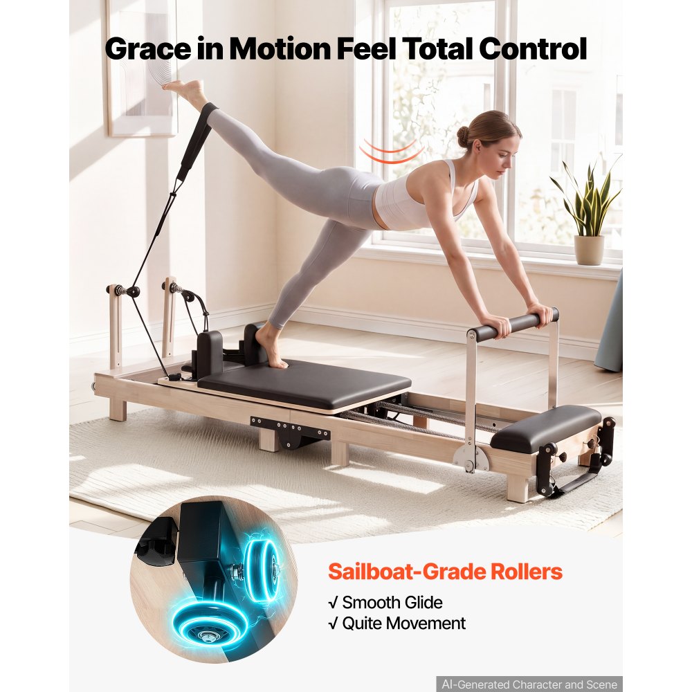VEVOR Pilates Reformer 91" Foldable Pilates Machine 400 lbs Rubberwood, for Home Use and Gym Workout, with Jump Board, Springs, Sitting Box, and Adjustable Headerest, for Advanced Beginners Users