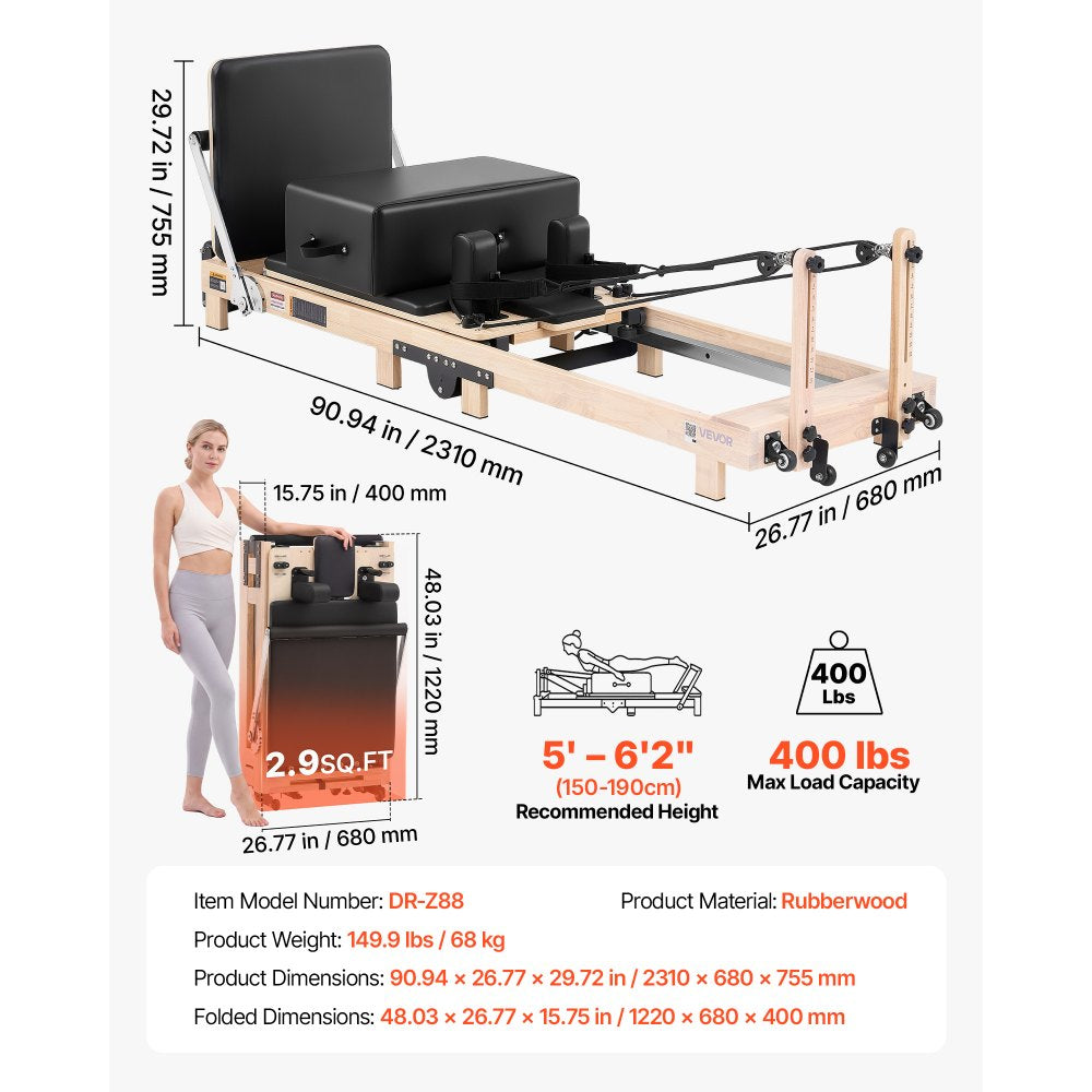 VEVOR Pilates Reformer 91" Foldable Pilates Machine 400 lbs Rubberwood, for Home Use and Gym Workout, with Jump Board, Springs, Sitting Box, and Adjustable Headerest, for Advanced Beginners Users