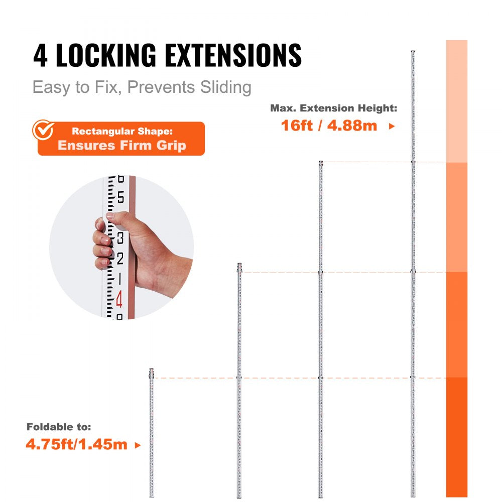 VEVOR Aluminum Grade Rod, 16-Feet/10ths 4 Sections Telescopic Measuring Rod,Double-Sided Scale 1/10ft Leveling Rod Stick,Aluminum Alloy Survey Rod w/ Bubble Level &Carrying Bag for Houses,Walls,Floors