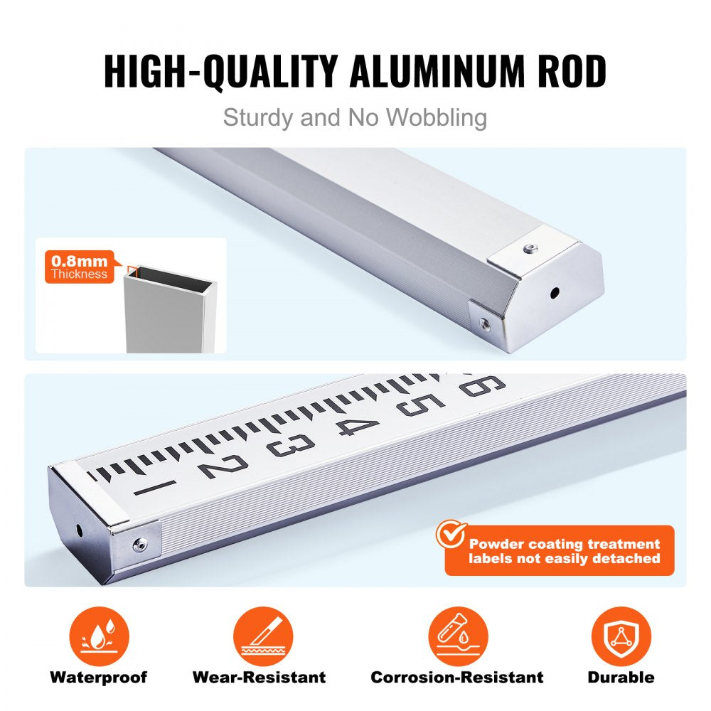 VEVOR Aluminum Grade Rod, 16-Feet/10ths 4 Sections Telescopic Measuring Rod,Double-Sided Scale 1/10ft Leveling Rod Stick,Aluminum Alloy Survey Rod w/ Bubble Level &Carrying Bag for Houses,Walls,Floors