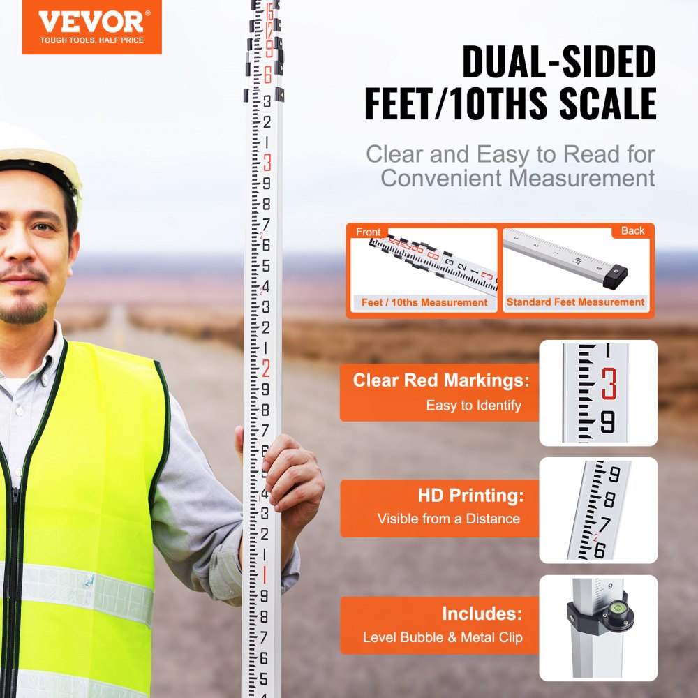 VEVOR Aluminum Grade Rod, 18-Feet/10ths 6 Sections Telescopic Measuring Rod,Double-Sided Scale 1/10ft Leveling Rod Stick,Aluminum Alloy Survey Rod w/ Bubble Level &Carrying Bag for Houses,Walls,Floors