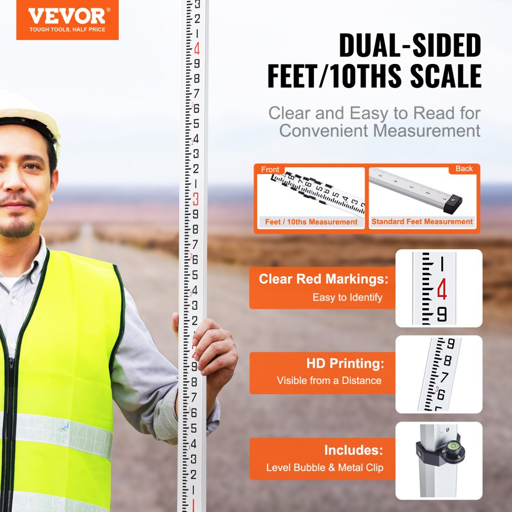 VEVOR Aluminum Grade Rod, 25-Feet/10ths 6 Sections Telescopic Measuring Rod,Double-Sided Scale 1/10ft Leveling Rod Stick,Aluminum Alloy Survey Rod w/ Bubble Level &Carrying Bag for Houses,Walls,Floors