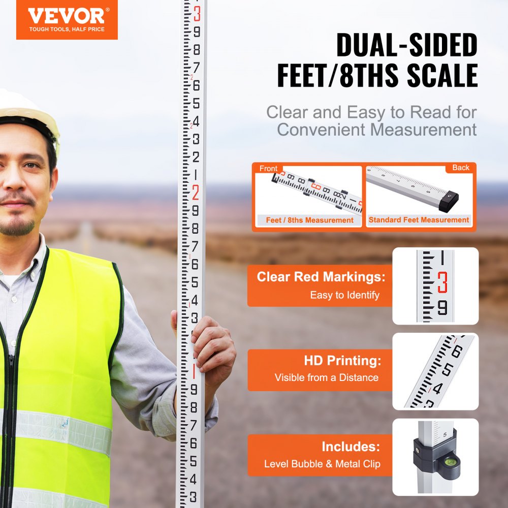 VEVOR Aluminum Grade Rod, 9-Feet/10ths 3 Sections Telescopic Measuring Rod,Double-Sided Scale 1/10ft Leveling Rod Stick,Aluminum Alloy Survey Rod with Bubble Level&Carrying Bag for Houses,Walls,Floors