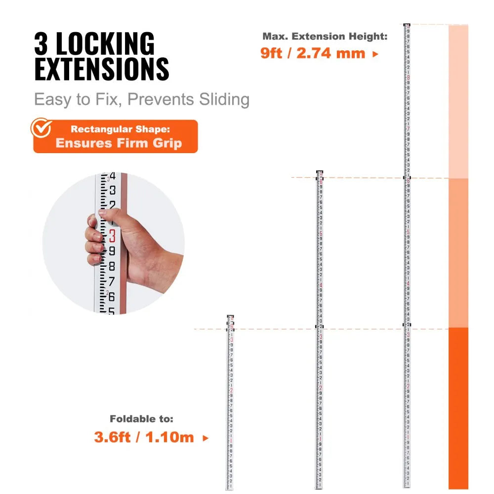 VEVOR Aluminum Grade Rod, 9-Feet/10ths 3 Sections Telescopic Measuring Rod,Double-Sided Scale 1/10ft Leveling Rod Stick,Aluminum Alloy Survey Rod with Bubble Level&Carrying Bag for Houses,Walls,Floors
