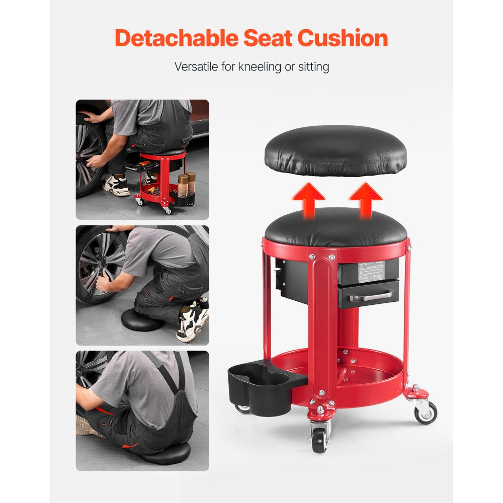 VEVOR Rolling Mechanic Stool with Wheels, 300 lbs Capacity Garage Seat/Work Stool, Padded Roller Creeper Seat with Fixed Height, Tool Tray and 2 Drawers, for Garage, Shop & Auto Repair, Red+Black