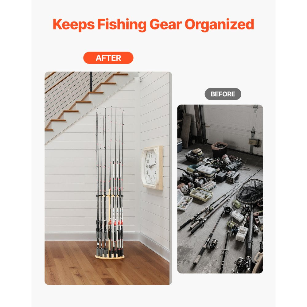 VEVOR Fishing Rod Holders for 16 Fishing Poles, Wood Round Fishing Rods Rack for Garage Organization and Storage, Floor Stand Space-Saving Equipment, for Reels Gear Accessories, Gifts for Men