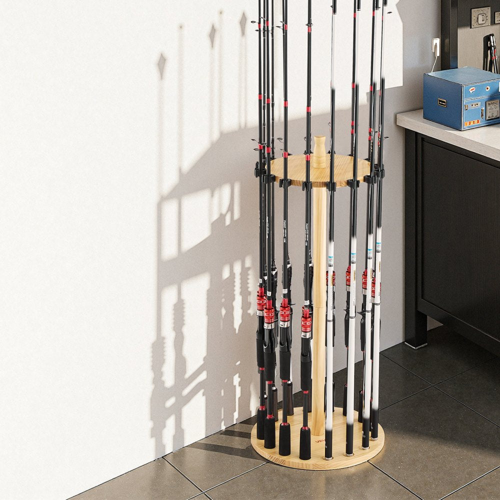 VEVOR Fishing Rod Holders for 16 Fishing Poles, Wood Round Fishing Rods Rack for Garage Organization and Storage, Floor Stand Space-Saving Equipment, for Reels Gear Accessories, Gifts for Men