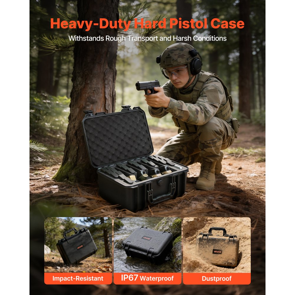 VEVOR Hard Pistol Case, Heavy Duty Hard Gun Case with XPE Foam Lining, Waterproof Pistol Storage Box with Customizable Interior & Handle for Gun, Lenses, Camera, Gear, TSA Compliant, 15.9x12.5x7.5 in