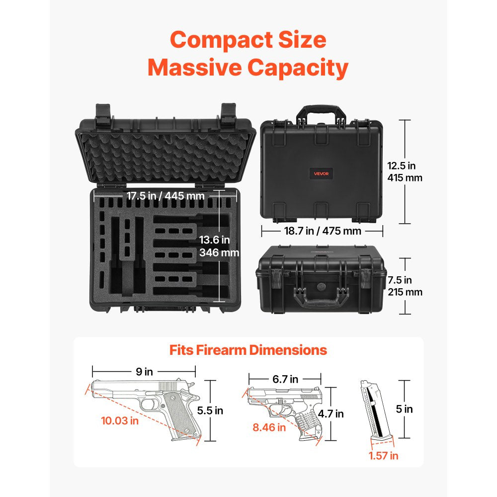 VEVOR Hard Pistol Case, Heavy Duty Hard Gun Case with XPE Foam Interior, Waterproof Pistol Storage Box with Customizable Lining & Handle for Gun, Lenses, Camera, Gear, TSA Compliant, 18.7x12.5x7.5 in