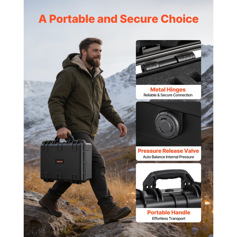 VEVOR Hard Pistol Case, Heavy Duty Hard Gun Case with XPE Foam Interior, Waterproof Pistol Storage Box with Customizable Lining & Handle for Gun, Lenses, Camera, Gear, TSA Compliant, 18.7x12.5x7.5 in