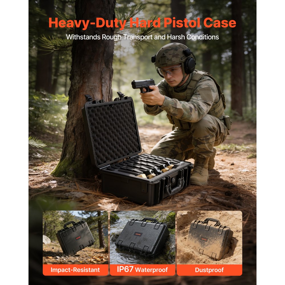 VEVOR Hard Pistol Case, Heavy Duty Hard Gun Case with XPE Foam Lining, Waterproof Pistol Storage Box with Customizable Interior & Handle for Gun, Lenses, Camera, Gear, TSA Compliant, 18.7x12.5x7.5 in