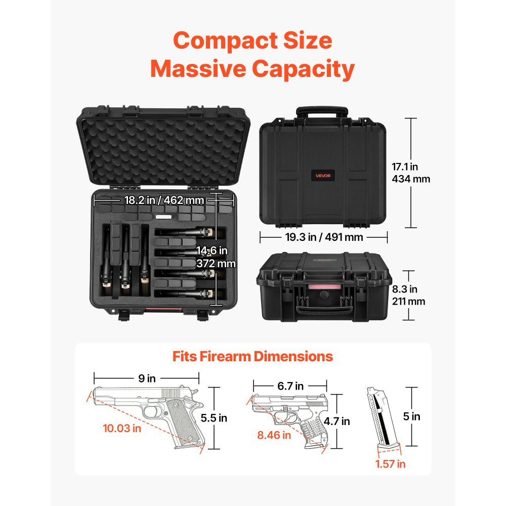 VEVOR Hard Pistol Case, Heavy Duty Hard Gun Case with XPE Foam Lining, Waterproof Pistol Storage Box with Customizable Interior & Handle for Gun, Lenses, Camera, Gear, TSA Compliant, 19.3x17.1x8.3 in