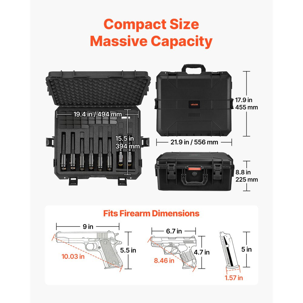 VEVOR Hard Pistol Case, Heavy Duty Hard Gun Case with XPE Foam Lining, Waterproof Pistol Storage Box with Customizable Interior & Handle for Gun, Lenses, Camera, Gear, TSA Compliant, 21.9x17.9x8.8 in
