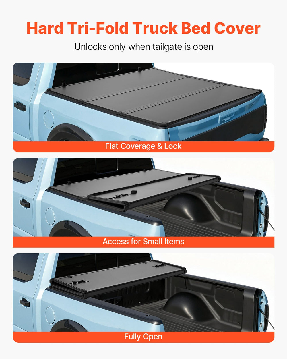 Hard tri-fold truck bed cover folding positions for access (flat coverage, access for small items, fully open)