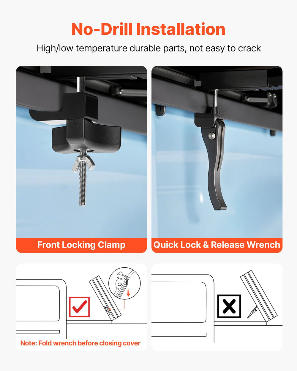 No-drill installation clamp and quick lock/release wrench