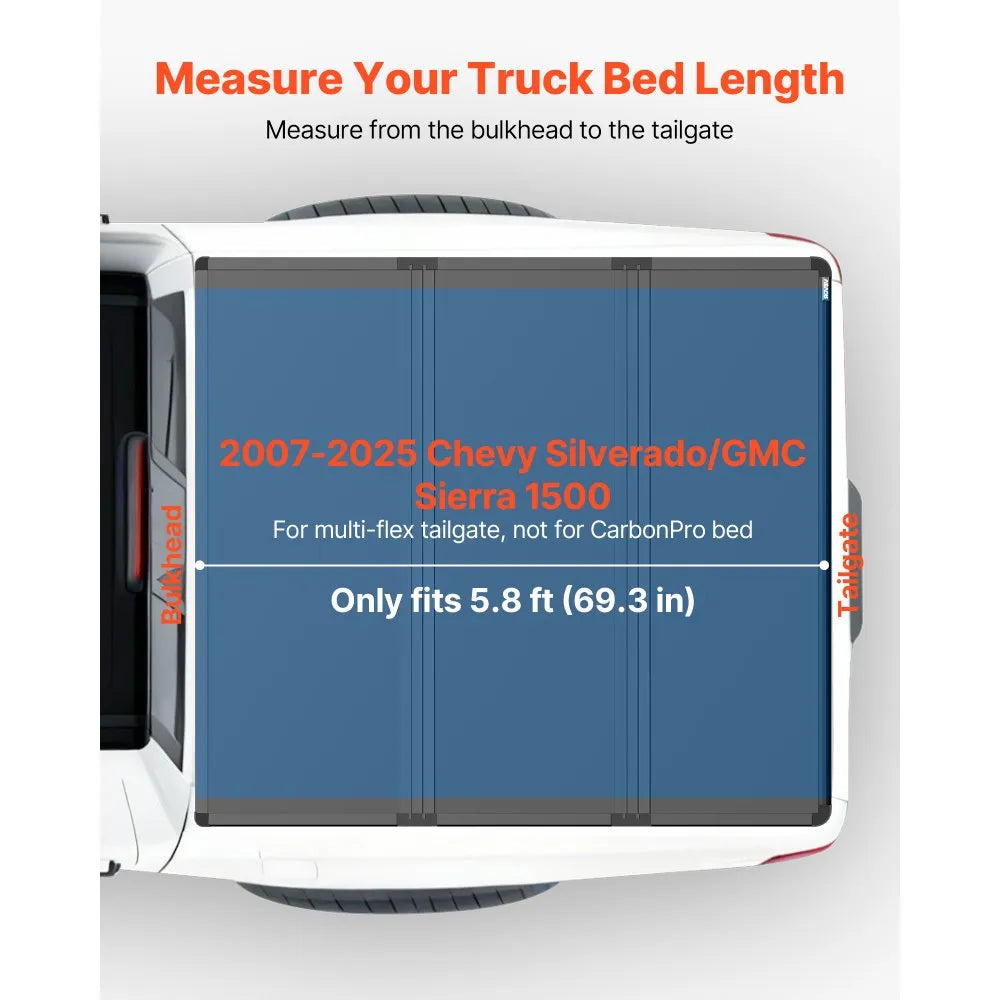 VEVOR Hard Tri-Fold Truck Bed Tonneau Cover, Compatible with 2007-2025 Chevy Silverado/GMC Sierra 1500 5.8 ft (69.3 in) Short Box (No CarbonPro Bed), Waterproof Fiberglass Folding Truck Tonneau Cover