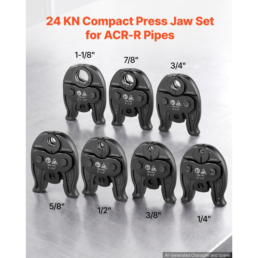 VEVOR 7PCS Pressing Jaws 1/4" to 1-1/8" - Compatible with RLS Copper Pipes, Work with 24KN Compact Series Press Tools for High Pressure HVAC/R Applications, 60 HRC Hardened Steel - with Case
