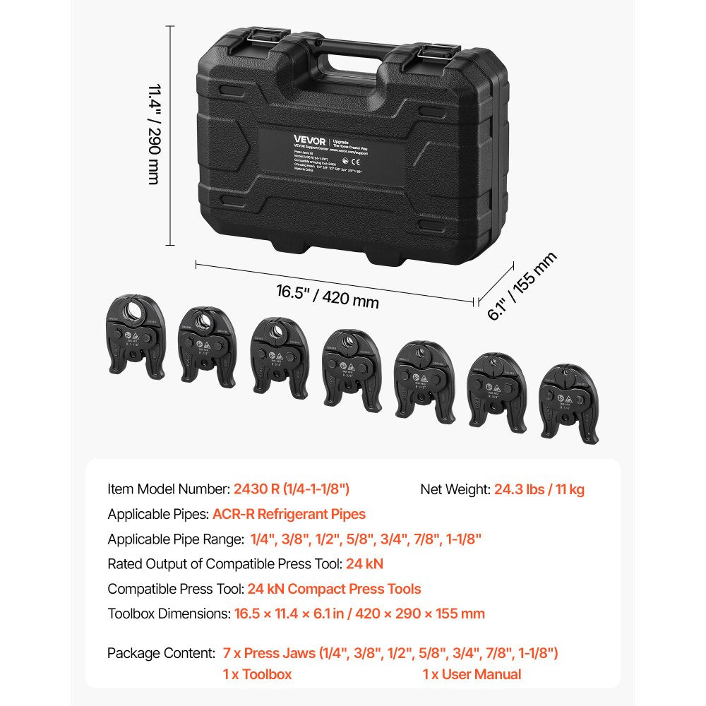 VEVOR 7PCS Pressing Jaws 1/4" to 1-1/8" - Compatible with RLS Copper Pipes, Work with 24KN Compact Series Press Tools for High Pressure HVAC/R Applications, 60 HRC Hardened Steel - with Case