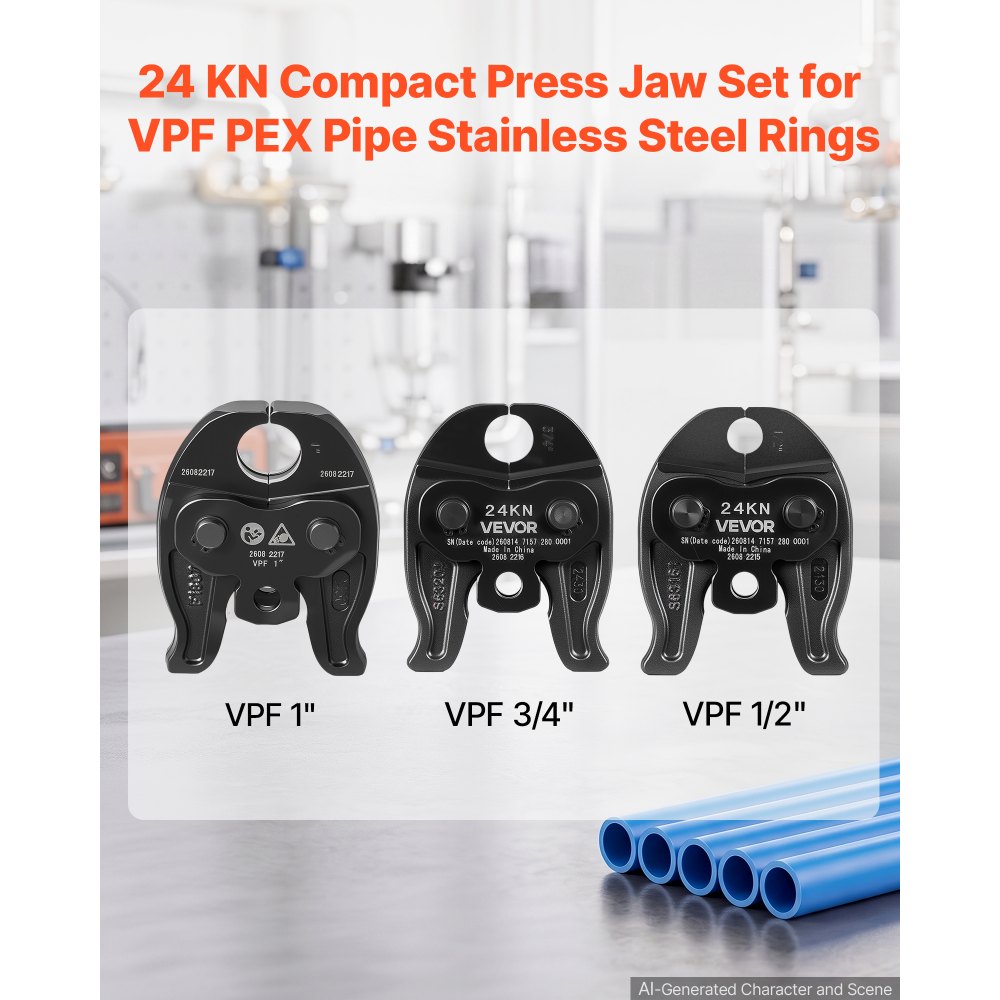 VEVOR 3PCS VPF Press Jaws 1/2", 3/4", 1" for PEX Pipe Stainless Steel Rings, Compatible with Pureflow, Work with 24KN Compact Series Press Tools, 60 HRC Hardened Steel - Includes Carrying Case
