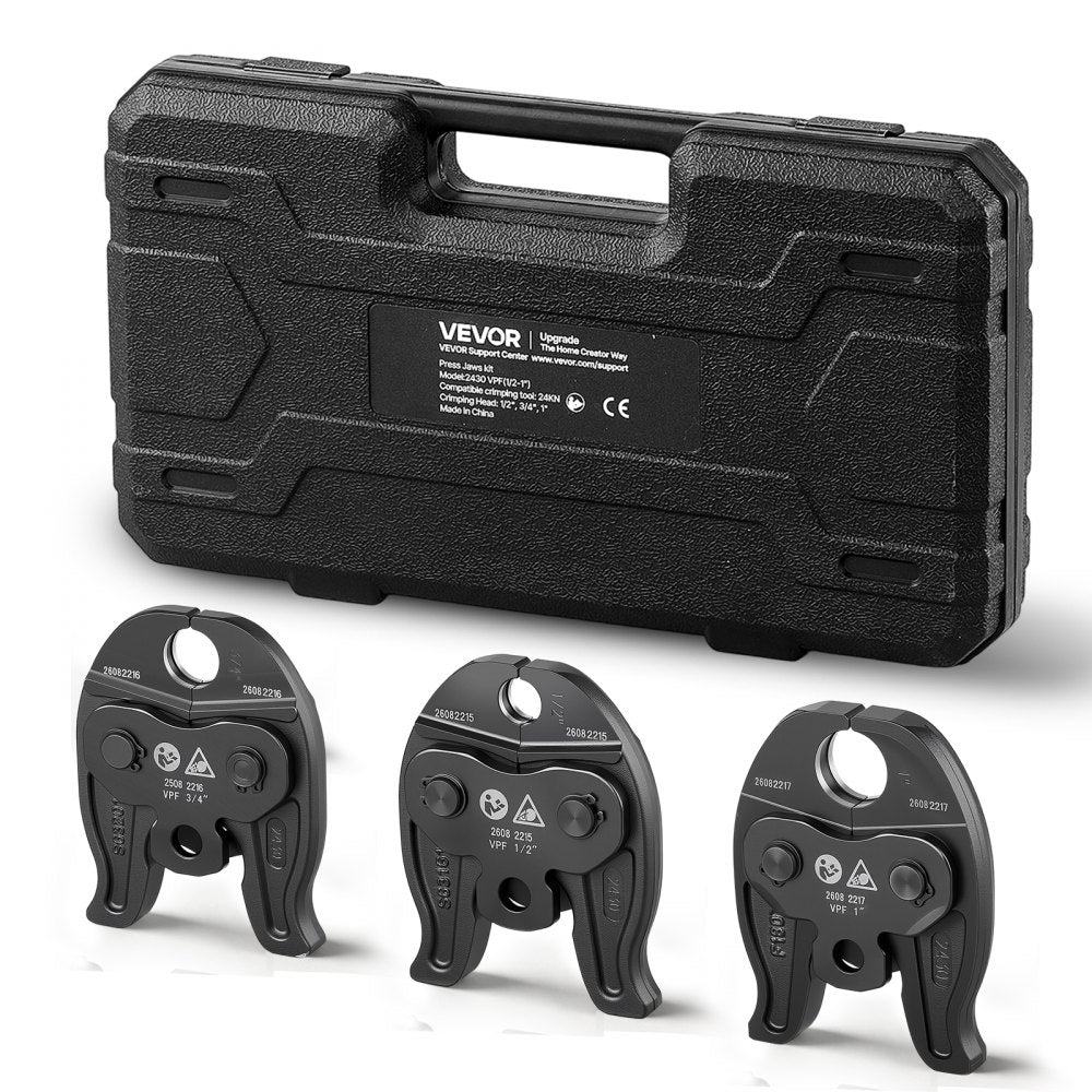 VEVOR 3PCS VPF Press Jaws 1/2", 3/4", 1" for PEX Pipe Stainless Steel Rings, Compatible with Pureflow, Work with 24KN Compact Series Press Tools, 60 HRC Hardened Steel - Includes Carrying Case