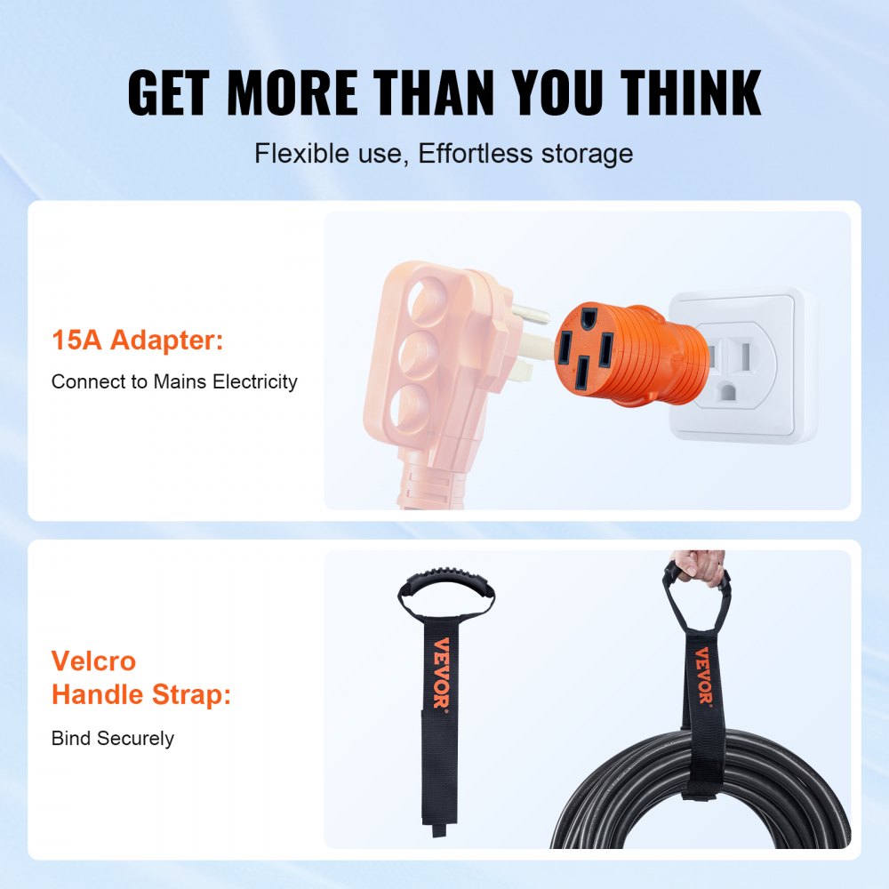 VEVOR 25 ft RV Extension Cord, 50 Amp, Heavy Duty STW RV Power Cord, NEMA 14-50R Female NEMA 14-50P Male Plug, with LED Indicator Handle 15A Adapter, for RVs, trams, generators, campers, ETL Listed