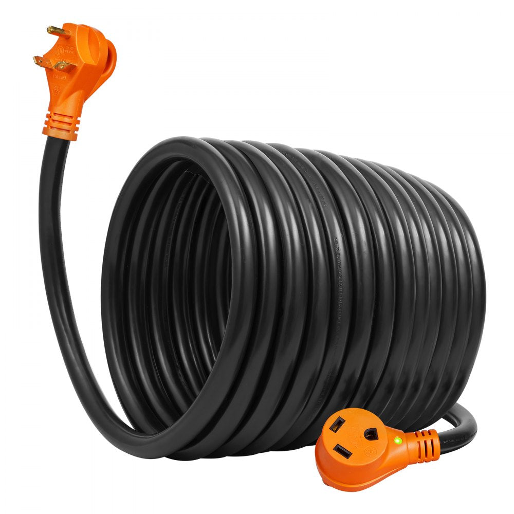 VEVOR 50 ft RV Extension Cord, 30 Amp, Heavy Duty STW RV Power Cord, NEMA TT-30R Female NEMA TT-30P Male Plug, with LED Indicator Handle 15A Adapter, for RVs, trams, generators, campers, ETL Listed