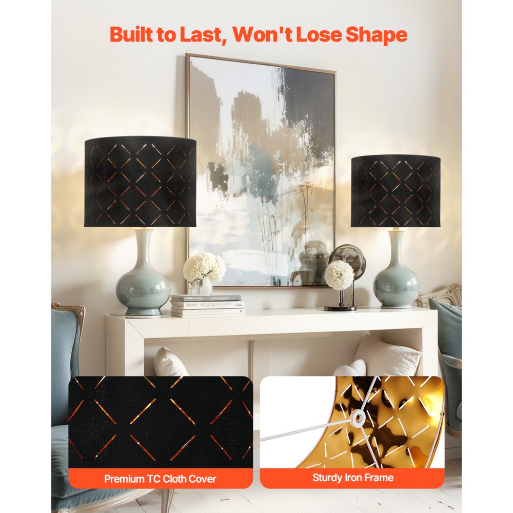 VEVOR Drum Lamp Shade 2 Set, 13 in Top x 13 in Bottom x 10 in High, Medium Drum Lampshade with Harp, Replacement Lamp Shade for Table Lamps Floor Lamps Pendant Lights, Black Diamond Hollow Design
