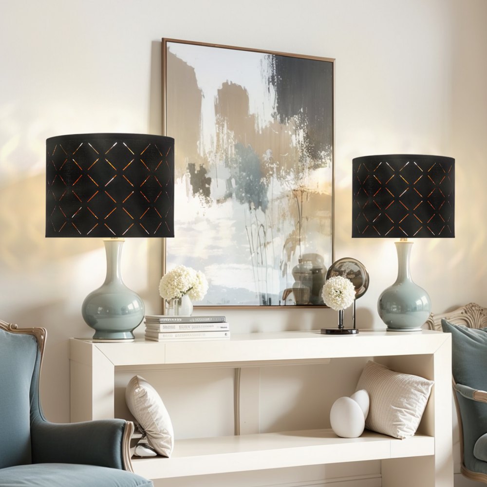 VEVOR Drum Lamp Shade 2 Set, 13 in Top x 13 in Bottom x 10 in High, Medium Drum Lampshade with Harp, Replacement Lamp Shade for Table Lamps Floor Lamps Pendant Lights, Black Diamond Hollow Design