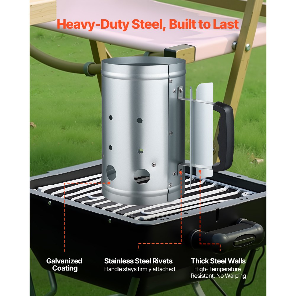VEVOR Charcoal Chimney Starter, 4 lbs Large Capacity Coal Fireplace, Heavy Duty BBQ Steel Chimney Starter for Charcoal Grill and Barbecues, Compact On-the-Go Carbon Lighter and BBQ Grill Tool, Silver